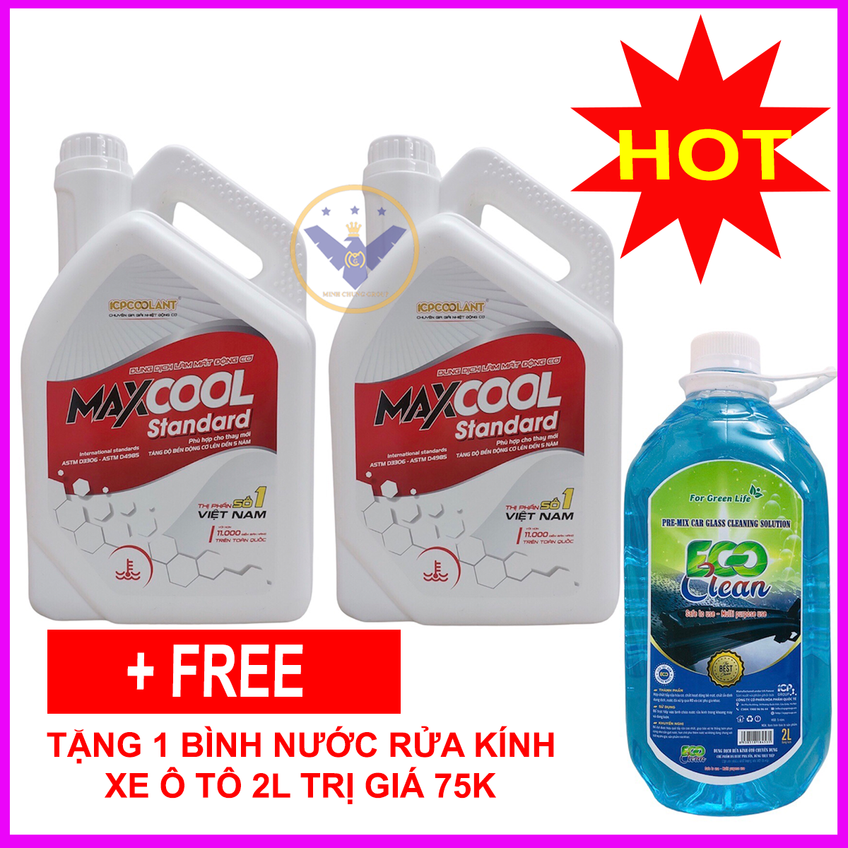 Combo 2 can nước làm mát xe ô tô màu đỏ Maxcool 4L tặng nước rửa kính 